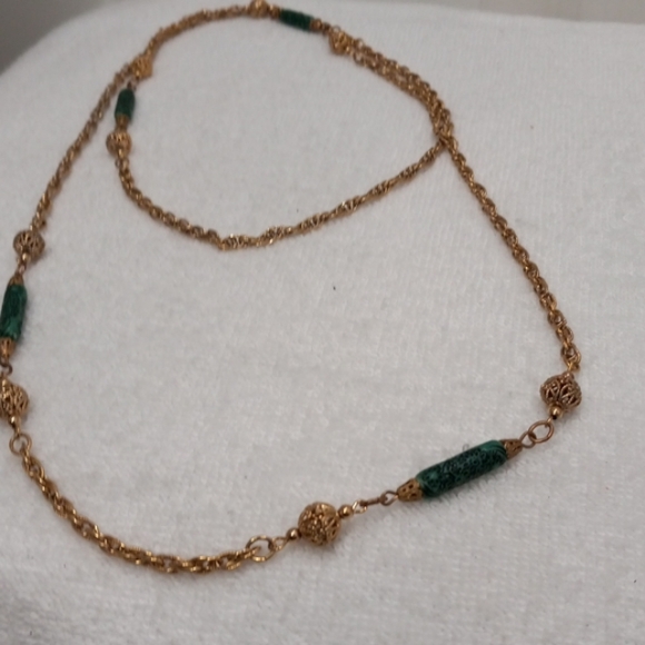 Gold Toned Long Neckless with Faux Jade - Picture 4 of 5